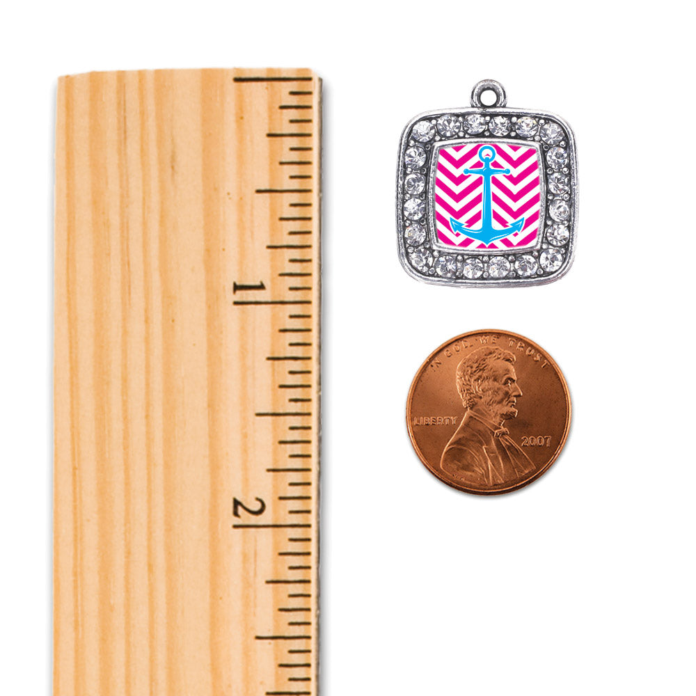 Silver Pink Chevron Blue Anchor Square Charm Toggle Necklace
