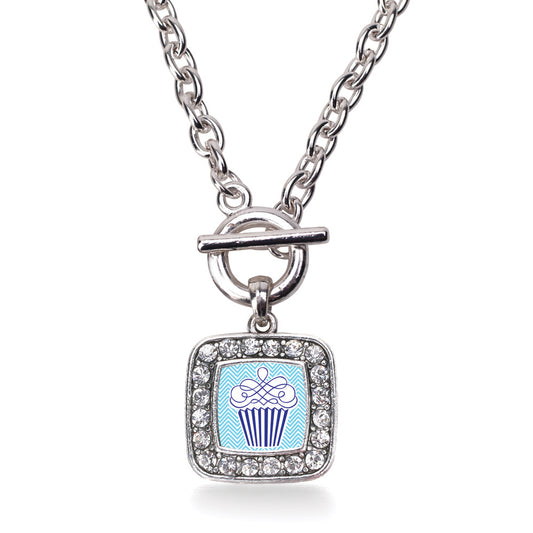 Silver Blue Chevron Cupcake Square Charm Toggle Necklace