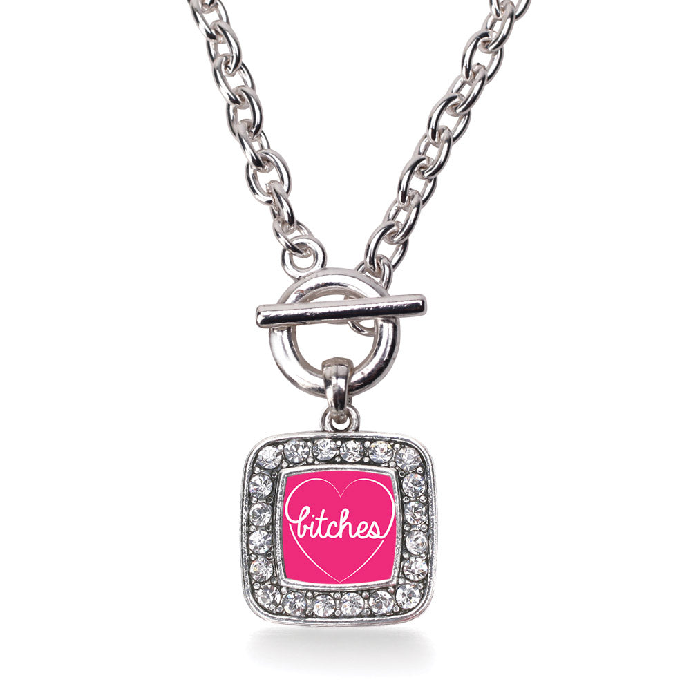 Silver Heart Bitches Square Charm Toggle Necklace