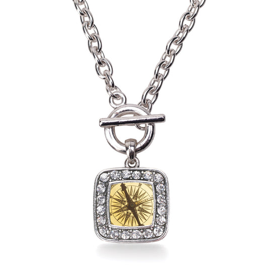 Silver Compass Square Charm Toggle Necklace
