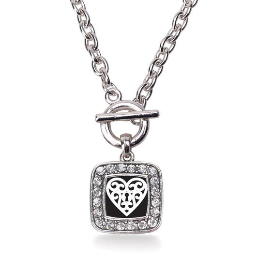 Silver Heart Shaped Lock Square Charm Toggle Necklace