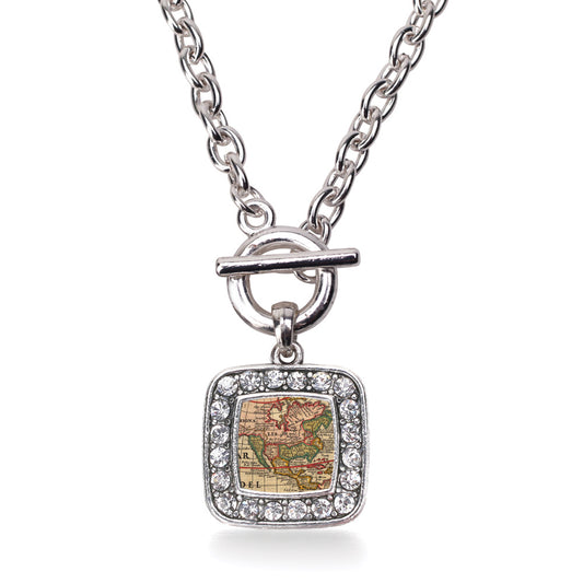 Silver Vintage Map Square Charm Toggle Necklace