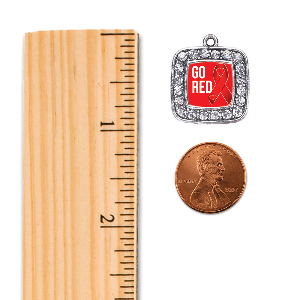 Silver Go Red Heart Disease Awareness Square Charm Toggle Necklace