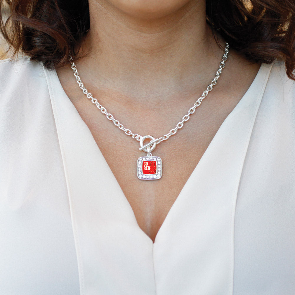 Silver Go Red Heart Disease Awareness Square Charm Toggle Necklace