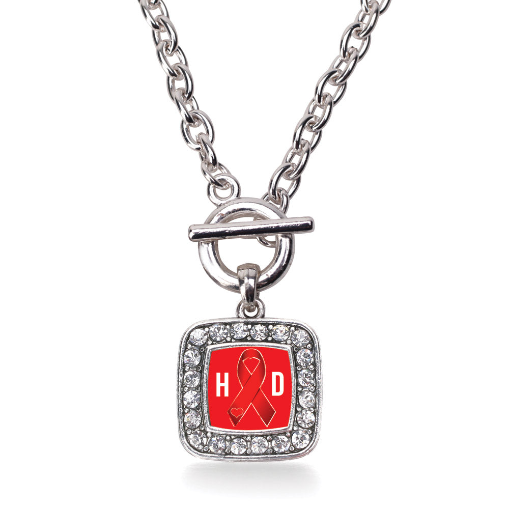 Silver Heart Disease Awareness Ribbon Square Charm Toggle Necklace