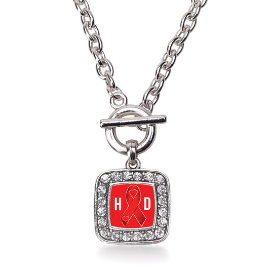 Silver Heart Disease Awareness Ribbon Square Charm Toggle Necklace