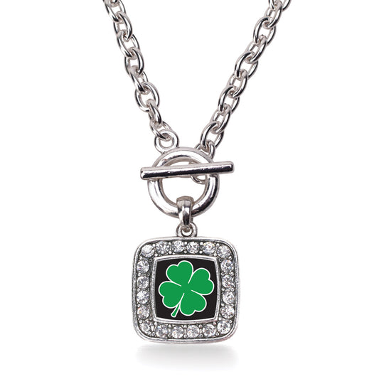 Silver Four Leaf Clover Square Charm Toggle Necklace