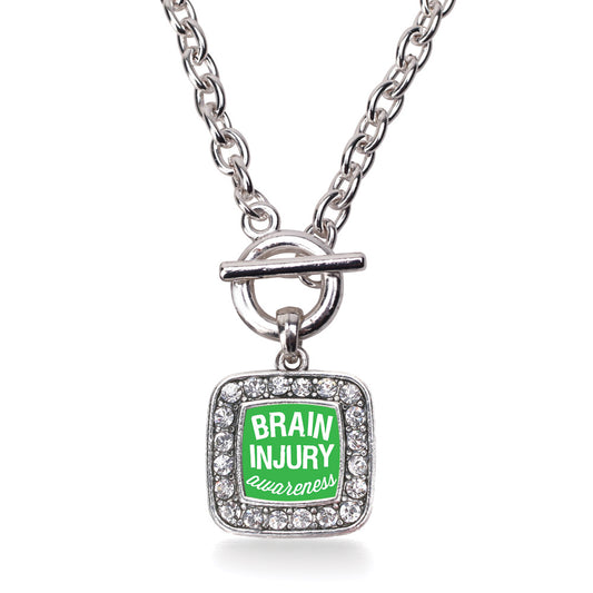 Silver Brain Injury Awareness Square Charm Toggle Necklace