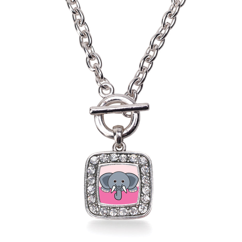 Silver Peeking Elephant Square Charm Toggle Necklace
