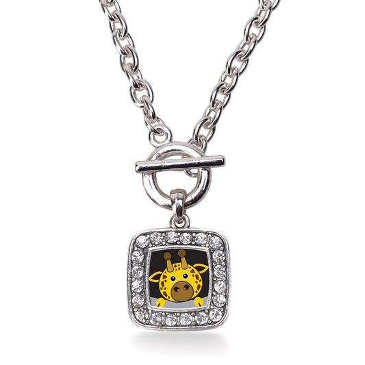 Silver Peeking Giraffe Square Charm Toggle Necklace