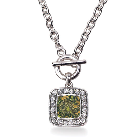 Silver Green Hunting Pattern Square Charm Toggle Necklace