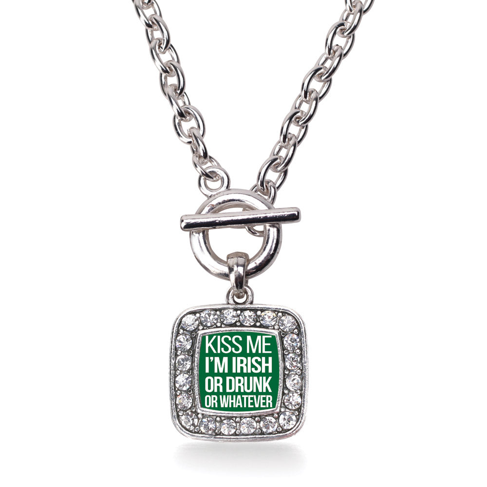 Silver Kiss Me I'm Drunk Square Charm Toggle Necklace