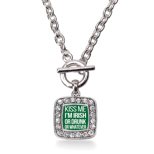 Silver Kiss Me I'm Drunk Square Charm Toggle Necklace
