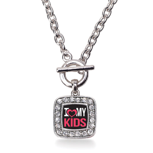 Silver I Love My Kids Square Charm Toggle Necklace