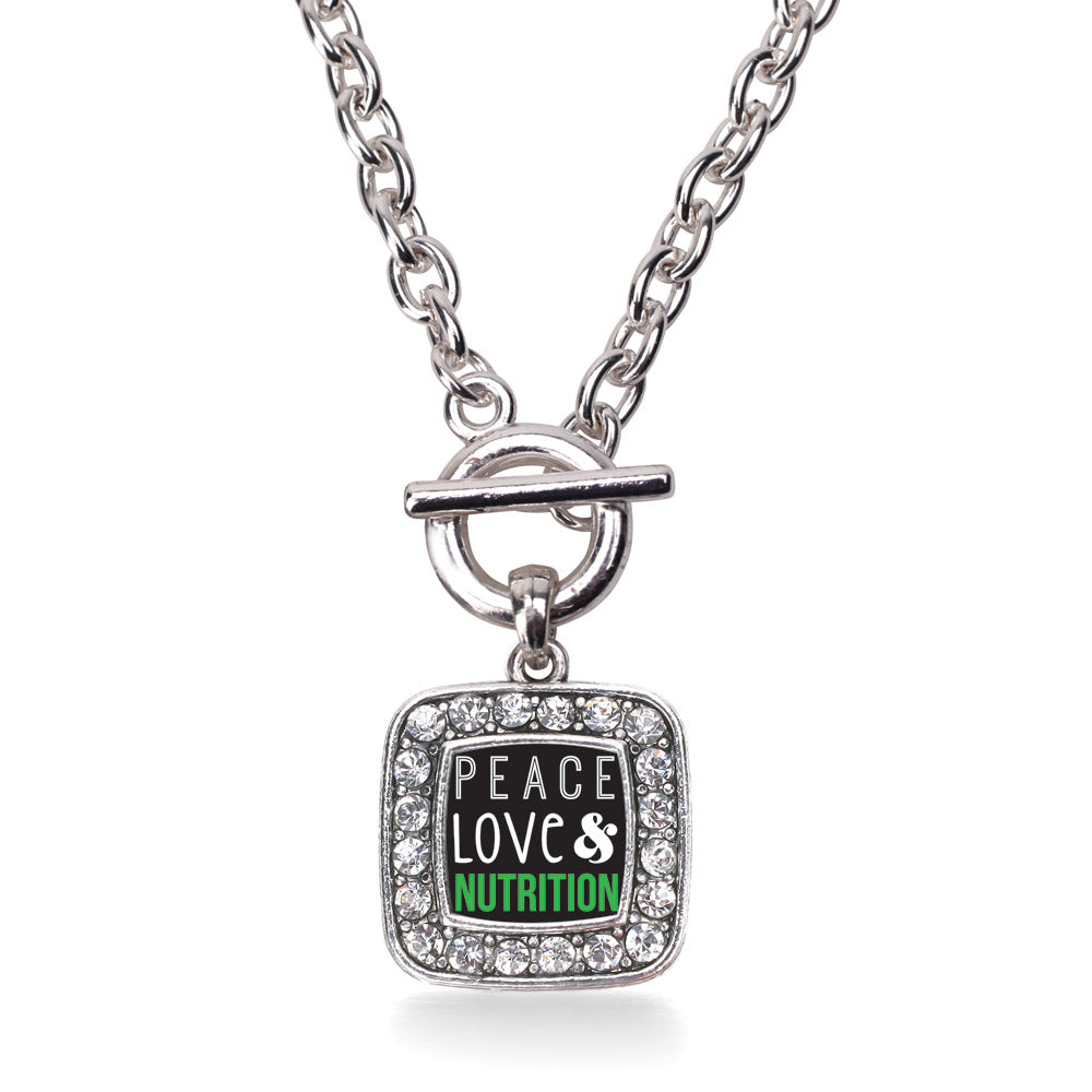 Silver Peace, Love, and Nutrition Square Charm Toggle Necklace
