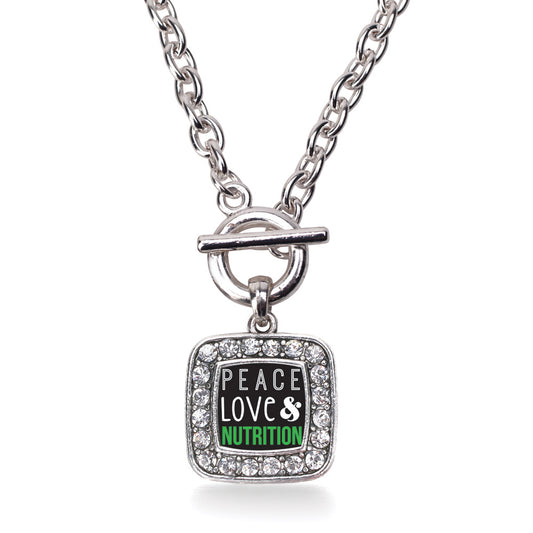 Silver Peace, Love, and Nutrition Square Charm Toggle Necklace
