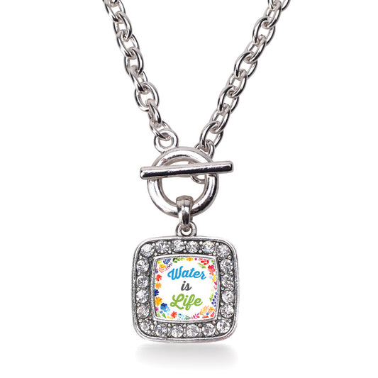 Silver Water Is Life Square Charm Toggle Necklace