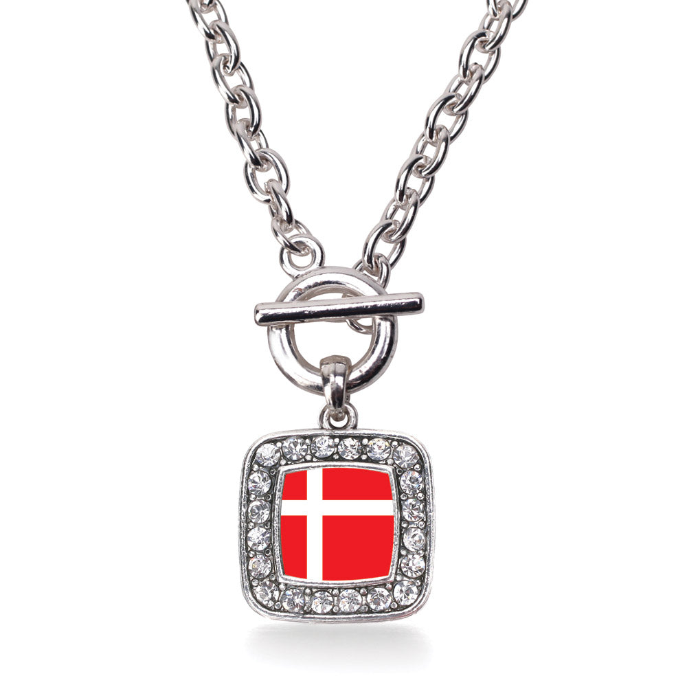 Silver Denmark Flag Square Charm Toggle Necklace