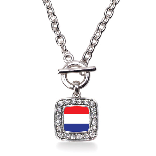 Silver Netherlands Flag Square Charm Toggle Necklace