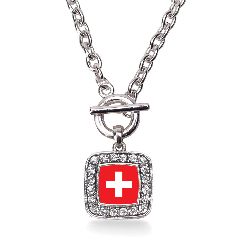 Silver Switzerland Flag Square Charm Toggle Necklace