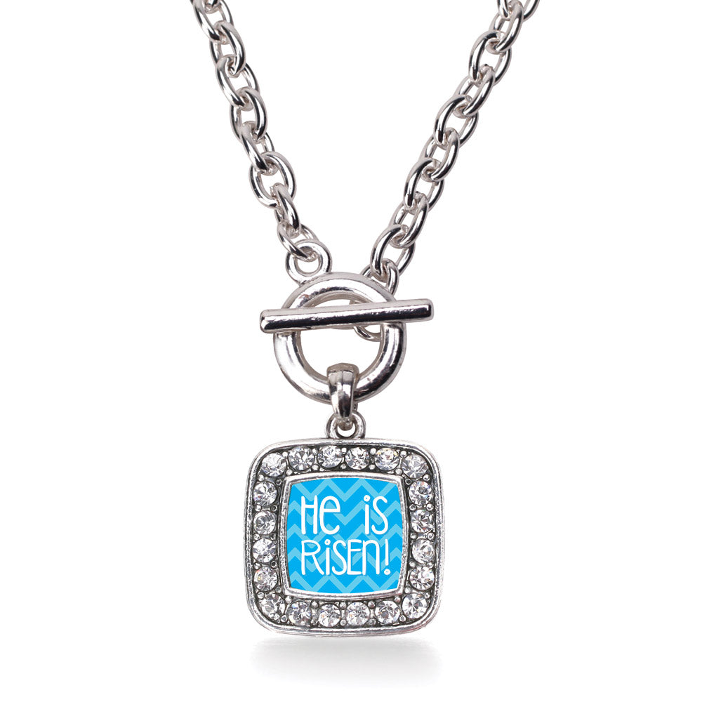 Silver He is Risen Blue Chevron Patterned Square Charm Toggle Necklace