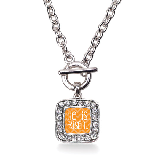 Silver He is Risen Orange Chevron Patterned Square Charm Toggle Necklace