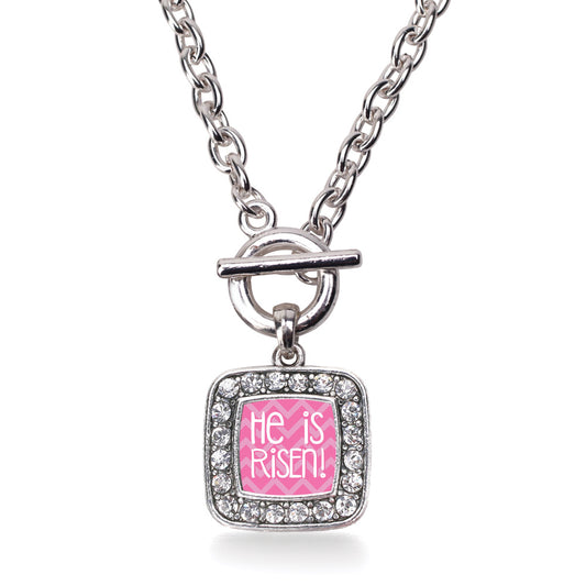 Silver He is Risen Pink Chevron Patterned Square Charm Toggle Necklace