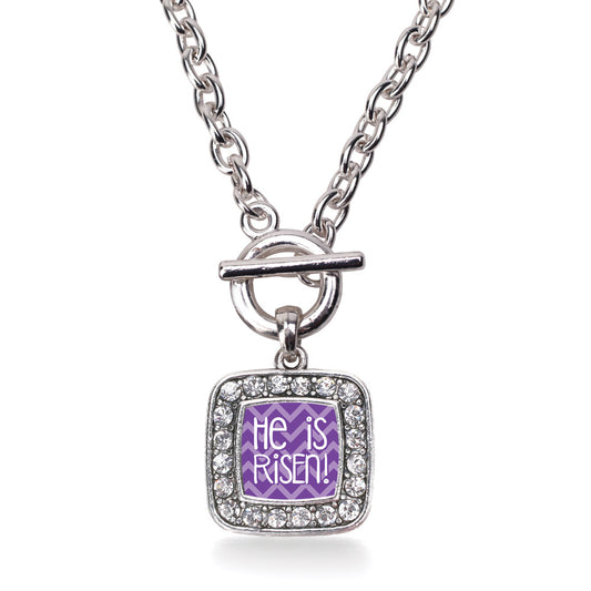 Silver He is Risen Purple Chevron Patterned Square Charm Toggle Necklace