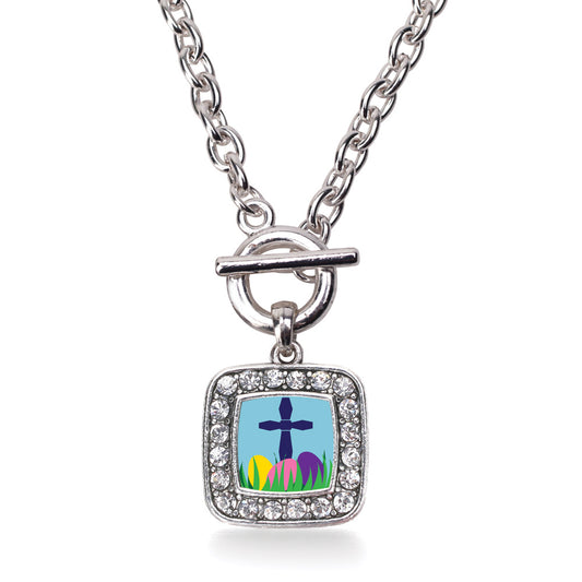 Silver Easter Cross & Eggs Square Charm Toggle Necklace