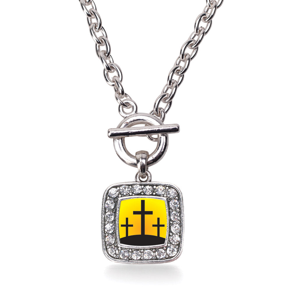 Silver Three Crosses Square Charm Toggle Necklace