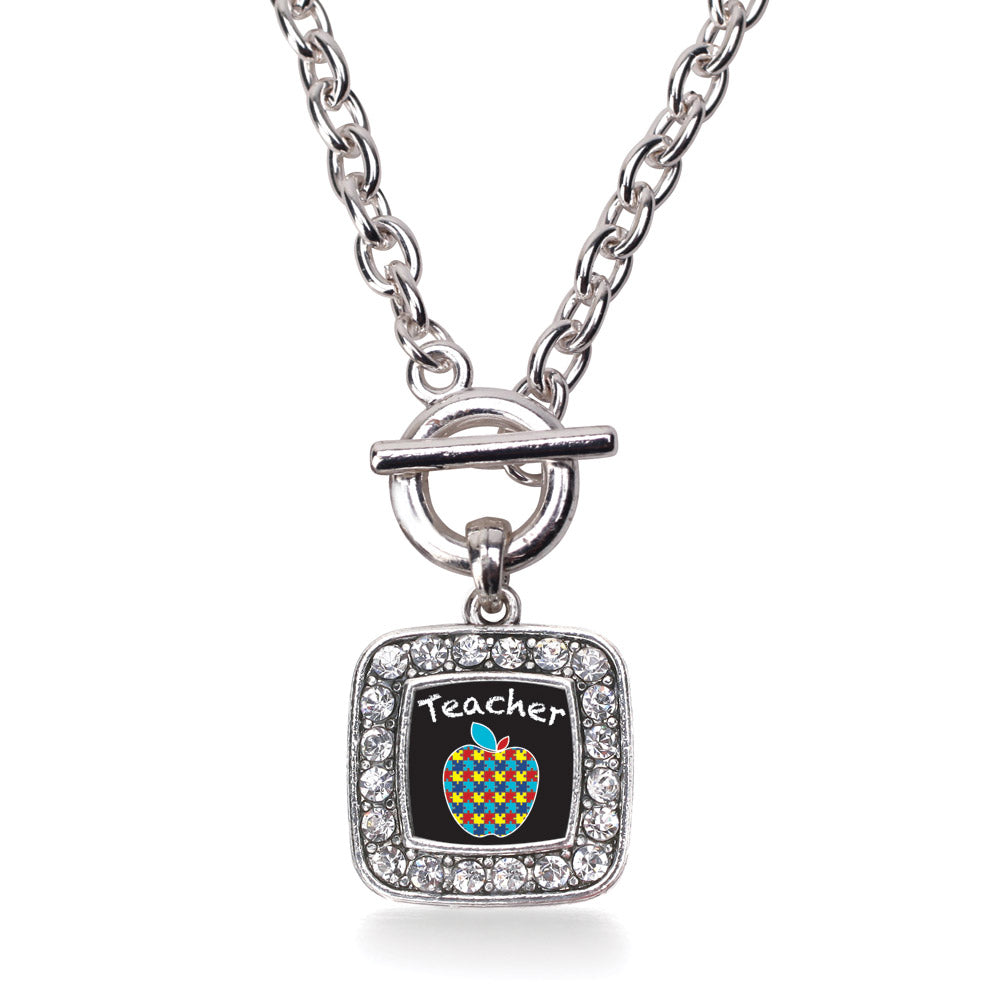 Silver Autism Apple Square Charm Toggle Necklace