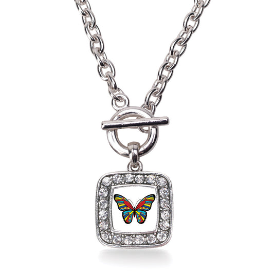 Silver Autism Awareness Butterfly Square Charm Toggle Necklace