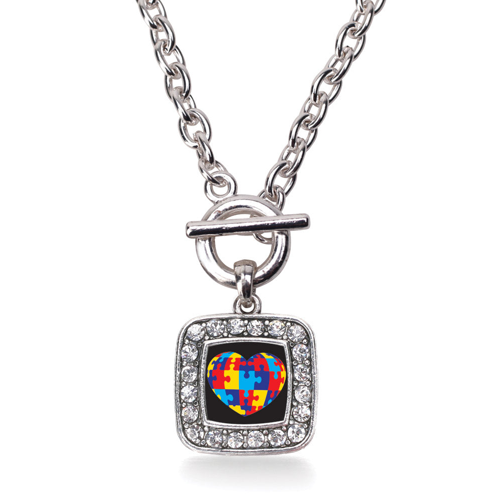 Silver Autism Awareness Heart Square Charm Toggle Necklace
