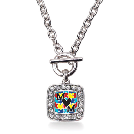 Silver Autism Mom Square Charm Toggle Necklace