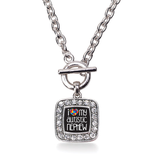 Silver I Love My Autistic Nephew Square Charm Toggle Necklace
