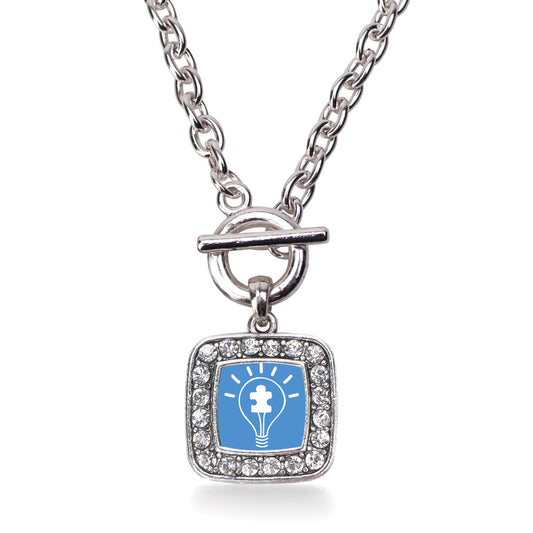 Silver Light Bulb Autism Awareness Square Charm Toggle Necklace