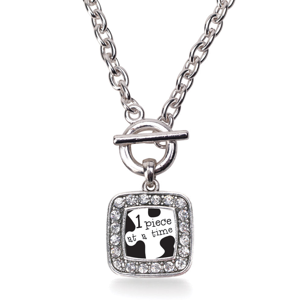 Silver One Piece at a Time Autism Awareness Square Charm Toggle Necklace