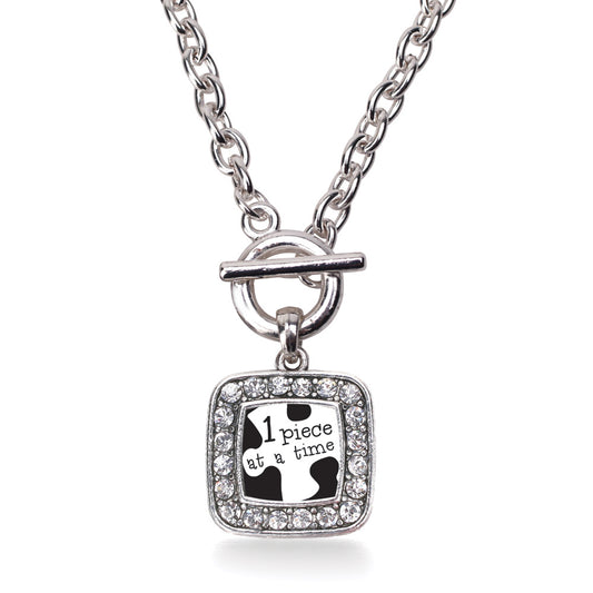 Silver One Piece at a Time Autism Awareness Square Charm Toggle Necklace