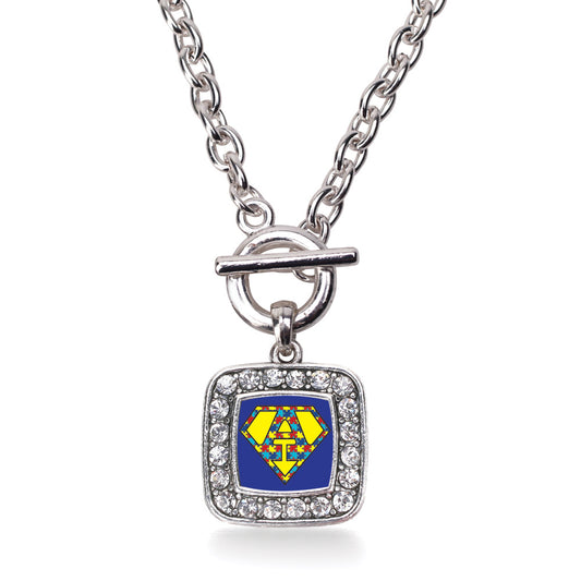 Silver Super Autism Awareness Square Charm Toggle Necklace