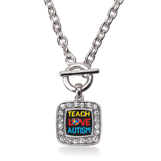 Silver Teach Love Autism Awareness Square Charm Toggle Necklace
