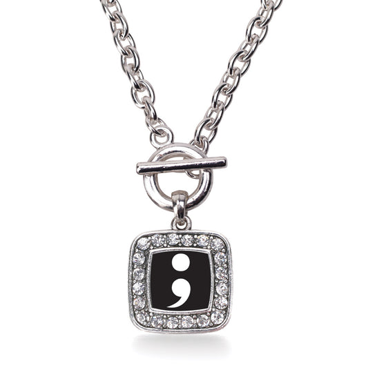 Silver Semicolon Movement Square Charm Toggle Necklace