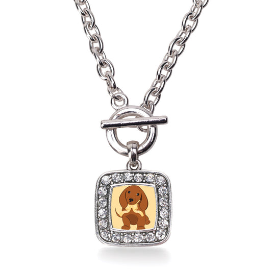 Silver Cute Little Dachshund Square Charm Toggle Necklace