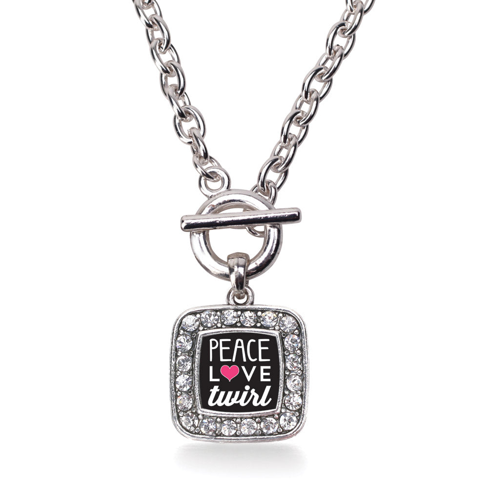 Silver Peace Love Twirl Square Charm Toggle Necklace