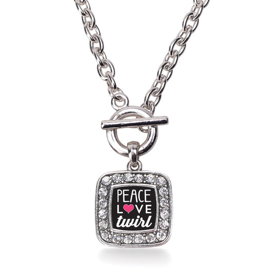 Silver Peace Love Twirl Square Charm Toggle Necklace