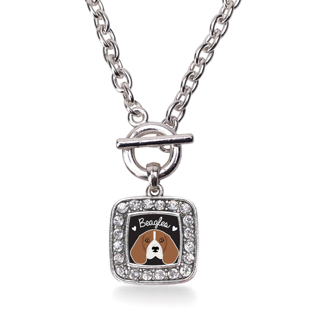 Silver Beagle Lover Square Charm Toggle Necklace