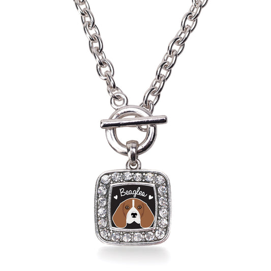Silver Beagle Lover Square Charm Toggle Necklace