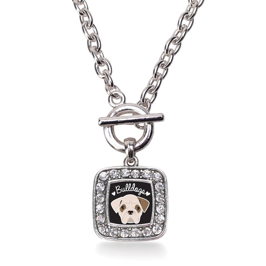 Silver Bulldog Lover Square Charm Toggle Necklace