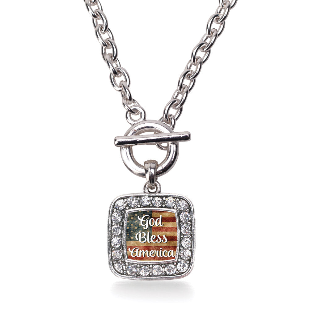 Silver God Bless America Square Charm Toggle Necklace