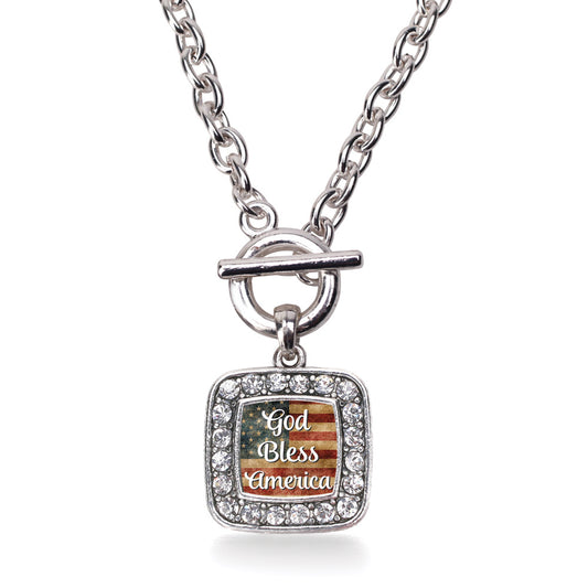 Silver God Bless America Square Charm Toggle Necklace
