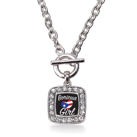 Silver Boricua Girl Square Charm Toggle Necklace